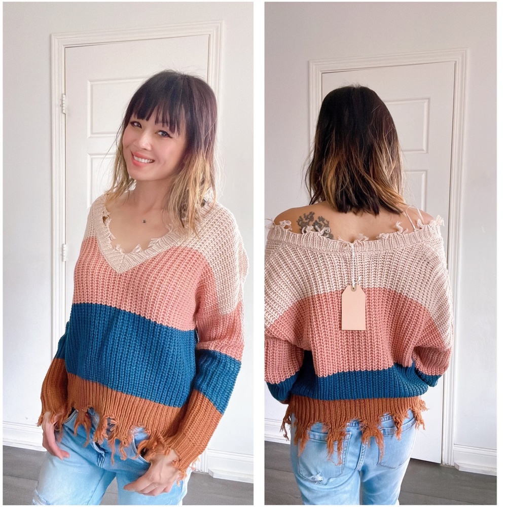 021  Cozy Color Block Distressed Frayed Sweater Top - Picture 4 of 4